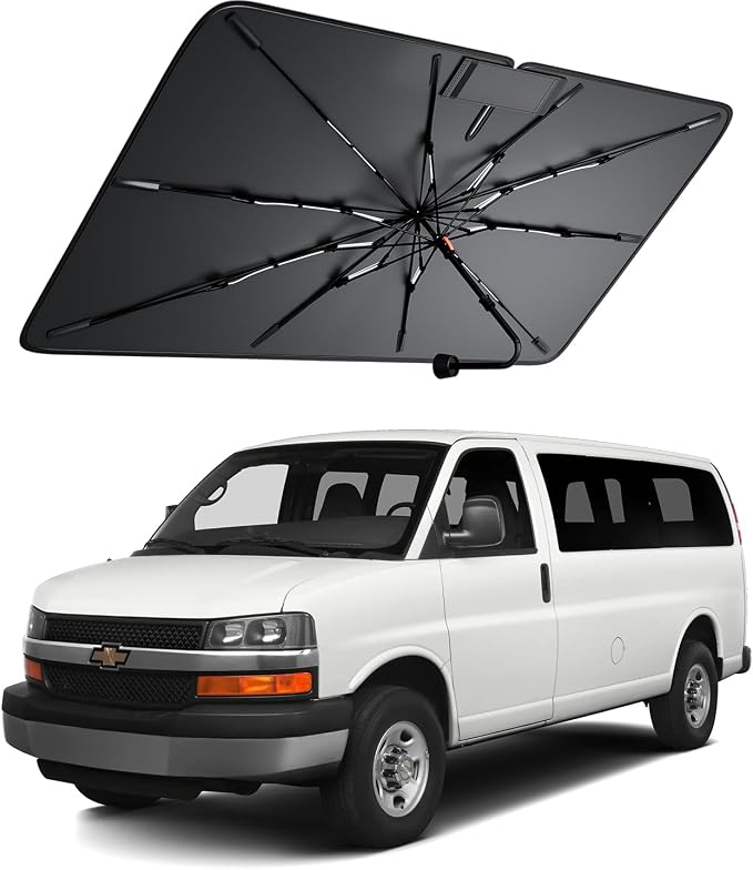 Windshield Sun Shade for Chevrolet Express 1500 2000–2026, Foldable Umbrella Sunshade with 100% UV Block, Multi-Layer Heat Insulation, Reinforced 10-Rib Frame, Keeps Car Cooler