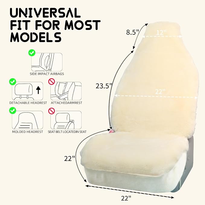 Aegis Cover Sheepskin Car Seat Cover Genuine Australian Merino Wool Front Seat Cover Luxury Dense Pelt Universal Fit for Most SUVs, Trucks, Bucket-Style, 54 X 22 Inches (Cream)