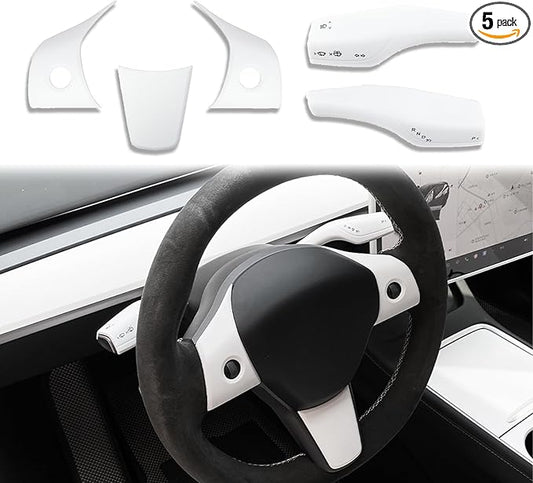 Steering Wheel Trim Cover with Gear Shift Cover for Tesla Model 3 Y Decorative Accessories 5Pcs(Matte White)