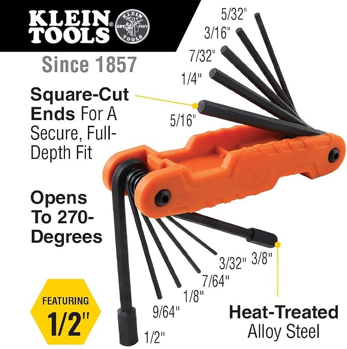 Klein Tools J213-9NE Side Cutter Linemans Pliers, 9-Inch & 70550 Hex Wrench Key Set, 11 SAE Sizes, Folding