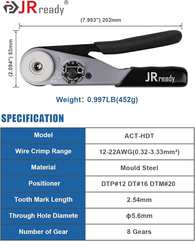 JRready Deutsch Crimp Tool ST2169 Deutsch Crimping Tool for DT,DTM,DTP and Amphenol AT ATP ATM Series Size 16 20 12 Solid Pin&Soc Contacts,Closed Barrel Crimp Tool with Three Positioners
