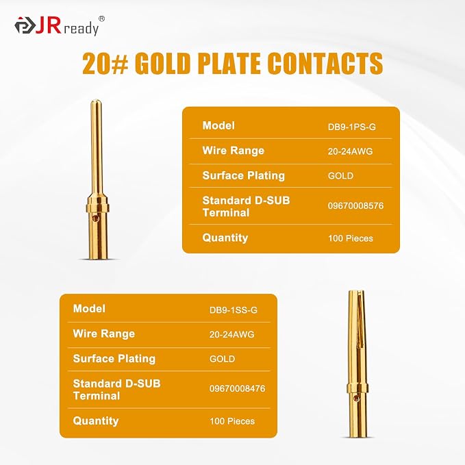 JRready DRK-D SUB++ST6580 D SUB Pins Removal Tool for TE/AMP/Harting Heavy Duty 100Pairs 20# Gold Plated Crimp Terminals 20-24AWG Male Female Standard 205089-1 205090-1 Contact for DB9 Connectors