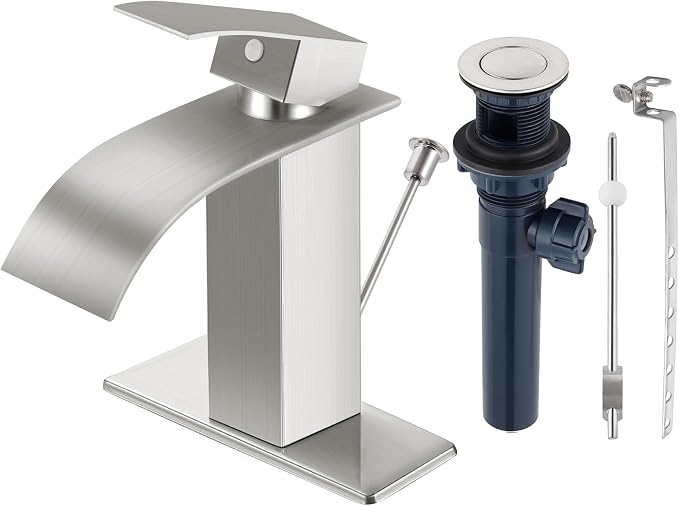 Brushed Nickel Bathroom Faucet with Lift Rod Drain, Waterfall Bathroom Sink Faucet Modern Single Handle Bathroom Faucte 1 or 3 Hole, RV Mixer Tap Vanity Faucet Washbasin Faucet with Deck