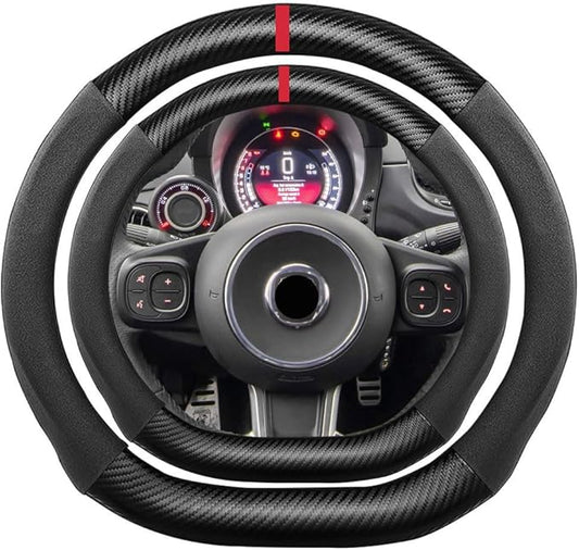 D Shape Suede Carbon Fiber Steering Wheel Cover, Compatible with Abarth 595 595C 695 695C 15 inch Flat Bottom Soft SuedeTouch Leather Sport Non-Slip Automotive Interior Accessories
