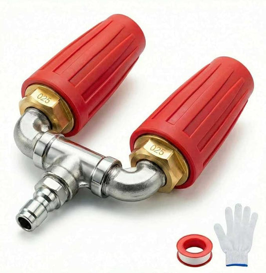 Dual Turbo Nozzle Pressure Washer, Dual Pressure Washer Nozzle, 360° Rotating 4000 PSI Turbo Nozzle with 1/4" Quick Connector 2.0 Orifice, 304 Stainless Steel for Driveway/Deck Clean(Red)