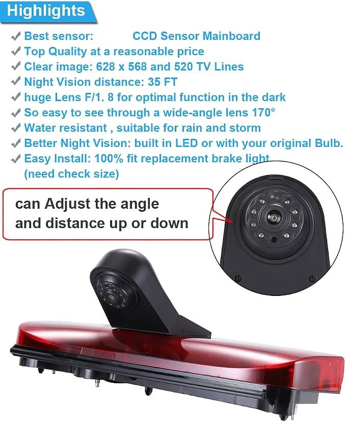 High Mount Rear Light Lamp Reverse Parking Car Rear View Camera+7 inch LCD Monitor Replacement for Ford Transit Connect 2014-2017 Transporter Business MPV SUV Bus