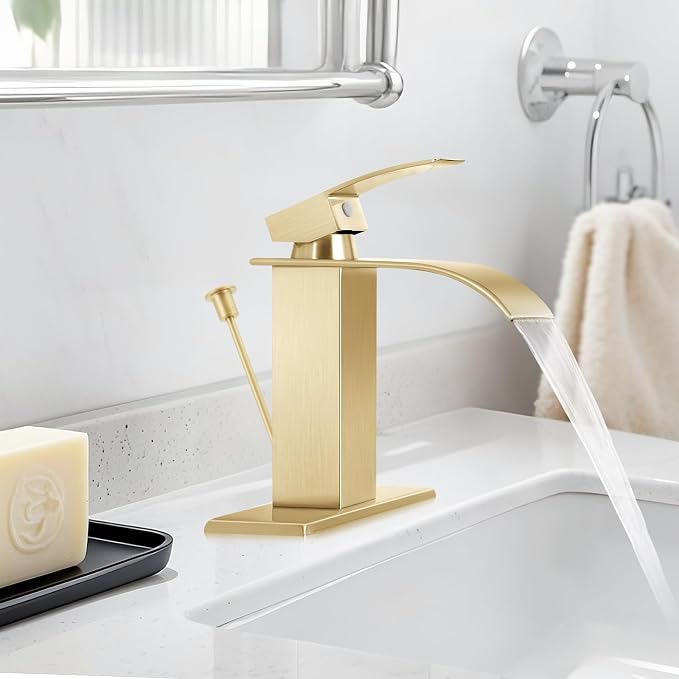 Brushed Gold Bathroom Faucet with Lift Rod Drain, Waterfall Bathroom Sink Faucet Modern Single Handle Bathroom Faucte 1 or 3 Hole, RV Mixer Tap Vanity Faucet Washbasin Faucet with Deck