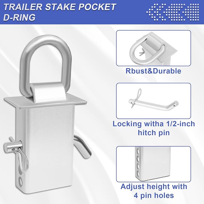 Hedday Trailer Stake Pocket D Ring 4PCS 16200lbs Heavy Duty Removable Adjustable D-Ring | Stake Pocket Tie Downs for Utility Trailers, Flatbed Trucks w/ 1/2" Hitch Pin(Silvery)