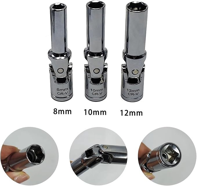 4PCS Glow Plug Socket Set with 3/8" Dr T-Bar, Universal Joints(8mm, 10mm, 12mm), Broken Glow Plug Removal Tool, Glow Plug Wrench Extractor Kit