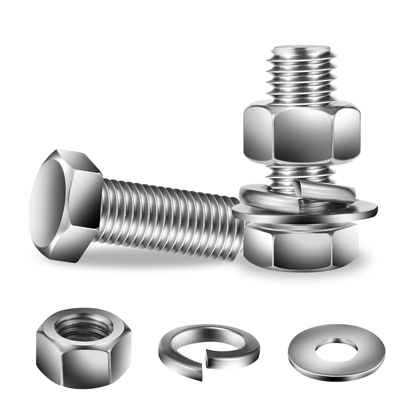 1/2-13 x 1-1/4" Hex Head Screw Bolt, Nuts, Flat & Lock Washers, 10Pcs 18-8 (304) Stainless Steel, Fully Threaded, by SG TZH