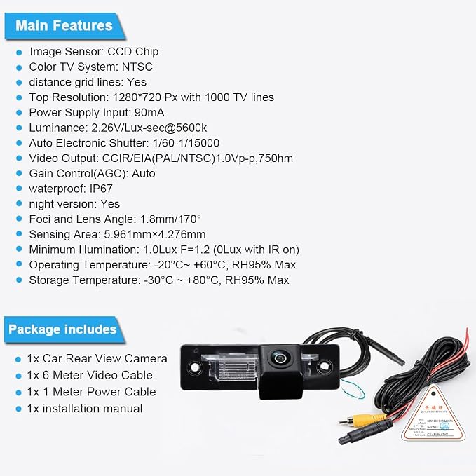 Car Backup Camera Fit for BMW 3er E30 315 316 316i 318i 318is 320i 320is 323i 324d 324td 325e 325i 325iX M3 S14 M40 M10 M20 M21 E12 E28 518 518i 520 520i 525 528 528i M535i E24 E23 E32 E26 Z1 Reverse