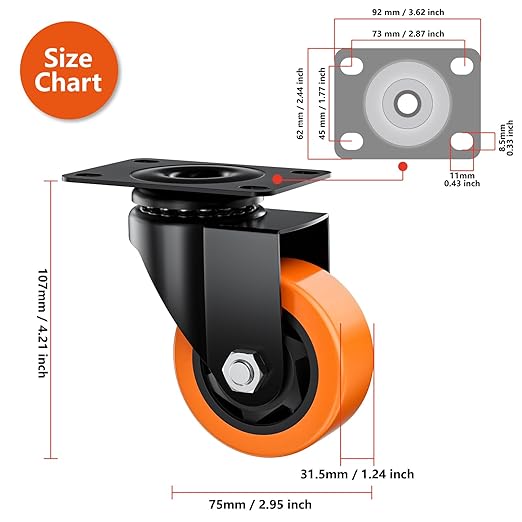 3" Swivel Plate Casters Set of 8 Heavy Duty 1000 lbs | Orange PU, Non-Marking, Quiet. 1000 Lbs/4 Casters. No Brake - Continuous Rolling. Black Rustproof Bracket. Workshop, Garage