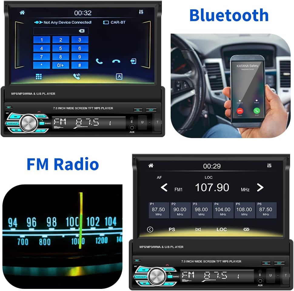 (Stable) Hikity Carplay Single Din Car Stereo, 7 Inch Flip Out Touch Screen Car Radio with Android Auto, Bluetooth, Mirror Link, Backup Camera, FM, USB, SWC, Voice Control Split Screen