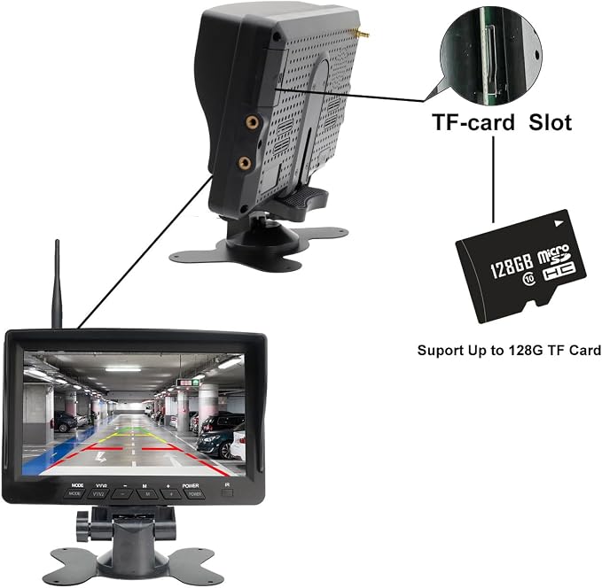 Vehicle 720P Digital Wireless Backup Camera System 1024X600 7-inch AHD IPS Monitor DVR Loop Recorder+IP69K Waterproof IR Wireless Reversing Camera Dash Camera for Truck Bus RV Trailer Car