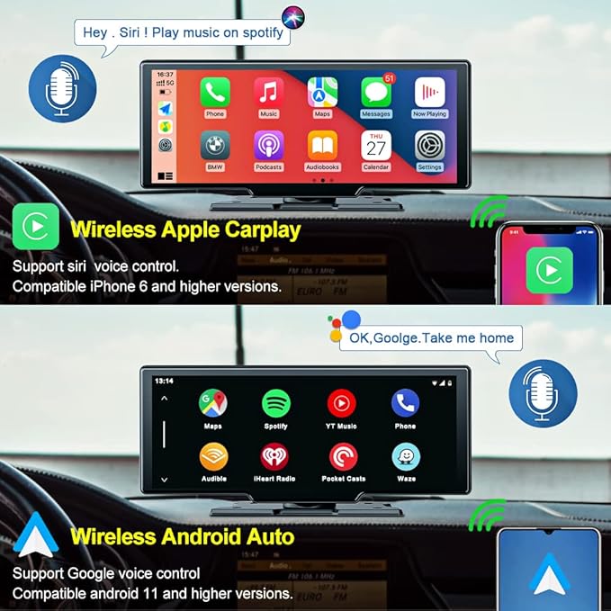 9.3" Portable Car Radio with Dashcam, Wireless Dash Mount, Apple CarPlay & Android Auto, Touch Screen Display, Bluetooth Stereo, Mirror Link, FM, GPS Navigation