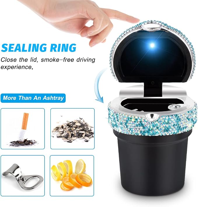 eing Car Ashtray Portable Bling Cigarette Smokeless Cylinder Cup Holder with Blue LED Light Indicator and 2 Replacement Batteries,Car Accessories for Women,Ideal for Car,Home and Office,1-Pack Blue