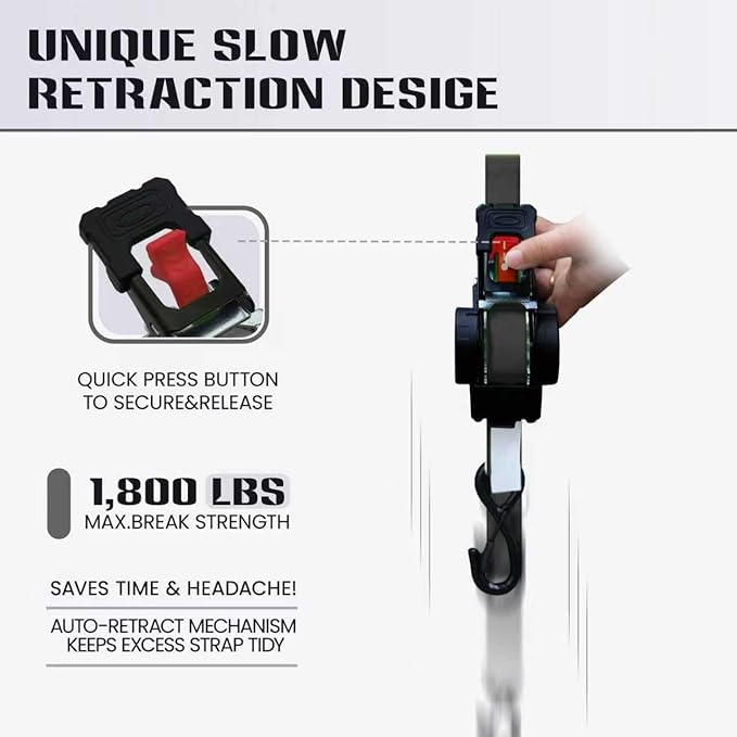 Retractable Ratchet Straps1In x 13Ft - Heavy Duty Auto Slow Retraction Tie Down Straps - 1,800lb Break Strength Self Retracting for Truck, Cargo Trailer, Motorcycle, ATV, UTV - Black, 4Pack