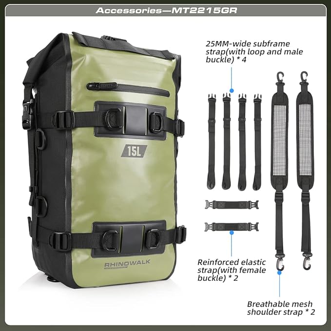 Rhinowalk Motorcycle Tail Bag Motorbike Side Bag 15L Full Waterproof Motor Saddle Pannier Bag Rear Rack Trunk Professional Motor Accessories-Green