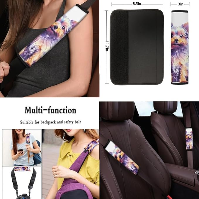 Cartoon Yorkshire Print 13 Pack Car Accessories for Women Cute Watercolor Puppy Dog Seatbelt Pad Armrest Cushion Keychain Cup Holder Coaster Pads Decor Accessory, White