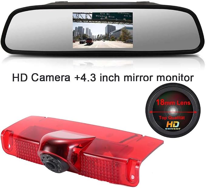 1280 * 720 Pixels Car Third Roof Top Mount Brake Lamp Camera Brake Light Rear View Backup Camera Replacement for Chevrolet Express GMC Savana Vans Exporer Vans Cargo 2003-2018 +4.3" Reverse Mirror