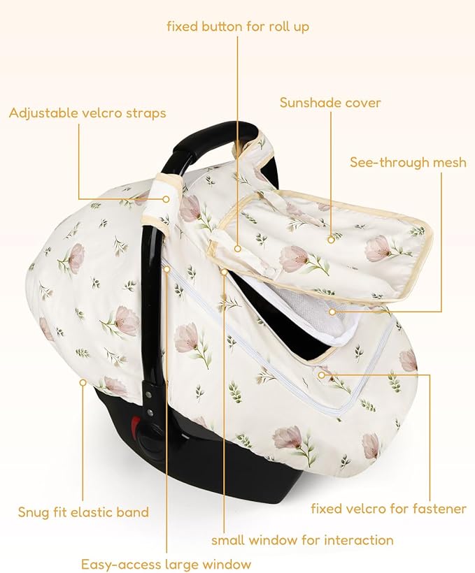 SWESEN Baby Car Seat Cover/Insert, Summer Carseat Covers Baby Girl, Easy Access carseat Canopy Snug Fit Baby Stroller, Dual-Layer Protection, Cooling Mesh & Roll-Up Sun Shade, Floral