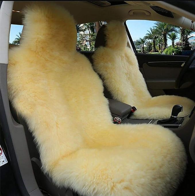 Winter Warm Authentic Australia Sheepskin Car Seat Cover Luxury Long Wool Front Seat Cover Fits Most Car, Truck, SUV, or Van (Beige)
