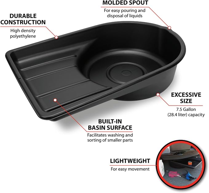 Performance Tool W4072 Black Extra Large Portable 7.5 Gallon Oil Drain Pan, (28.4 L)