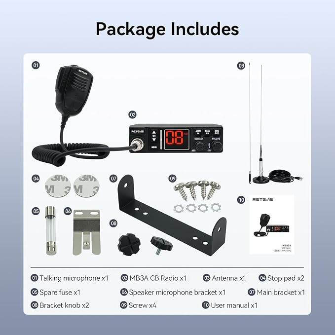 Retevis MB3A 40-Channel AM/FM CB Radio Kit - Long Range Trucker Radio with Antenna, 12V/24V Cigarette Lighter, Noise Limiter, PA, Emergency Channels 9/19, Cooling System