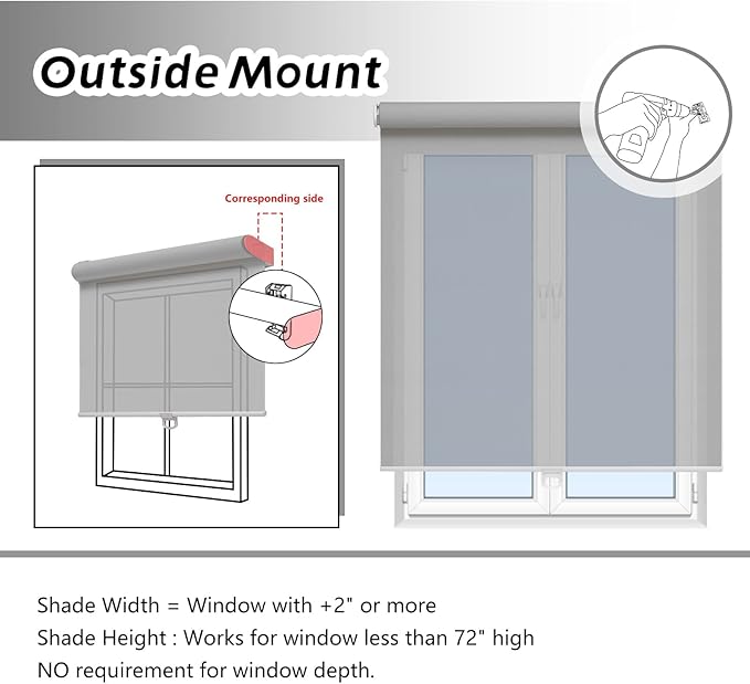 Cordless Roller Shades for Windows Light Filtering Shades with 5% Openness Solar Screen Semi Sheer Roller Blinds UV Protection for Office and Home. Easy to Install 55" W x 72" H (Grey)