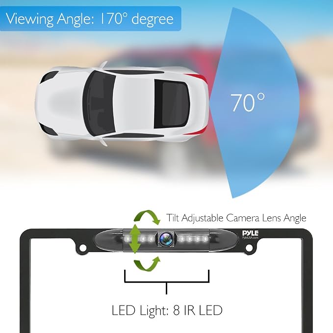 License Plate Frame Backup Camera - Built-in Distance Scale Lines Backup Parking Reverse Assist Marine Grade Waterproof IP-67 Adjustable Slim Bar Cam Night Vision w/ 420 TVL Resolution - Pyle PLCM29MS