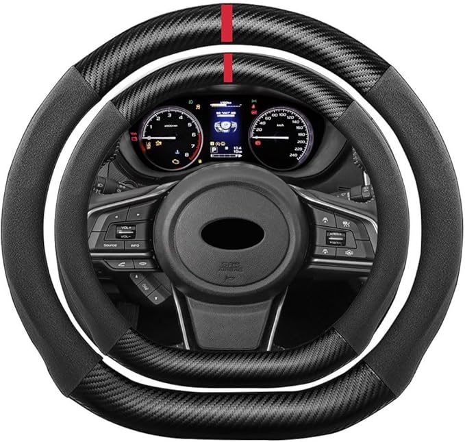 D Shape Suede Carbon Fiber Steering Wheel Cover, Compatible with WRX Forester 15 inch Flat Bottom Soft SuedeTouch Leather Sport Non-Slip Automotive Interior Accessories