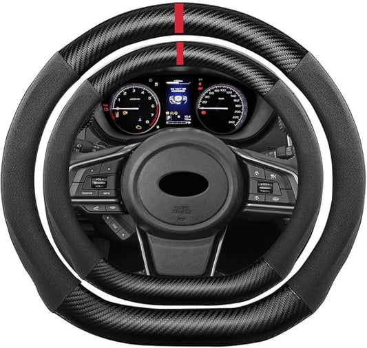 D Shape Suede Carbon Fiber Steering Wheel Cover, Compatible with WRX Forester 15 inch Flat Bottom Soft SuedeTouch Leather Sport Non-Slip Automotive Interior Accessories