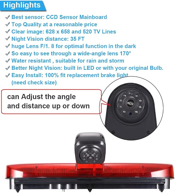 Car Third Roof Top Mount Brake Lamp Light Rear View Reverse Parking Camera,Replacement for Van Ford Transit Connect 2 II/XL Cargo Titanium Passenger Wagon 2014-2022 (with 7 inch Monitor)