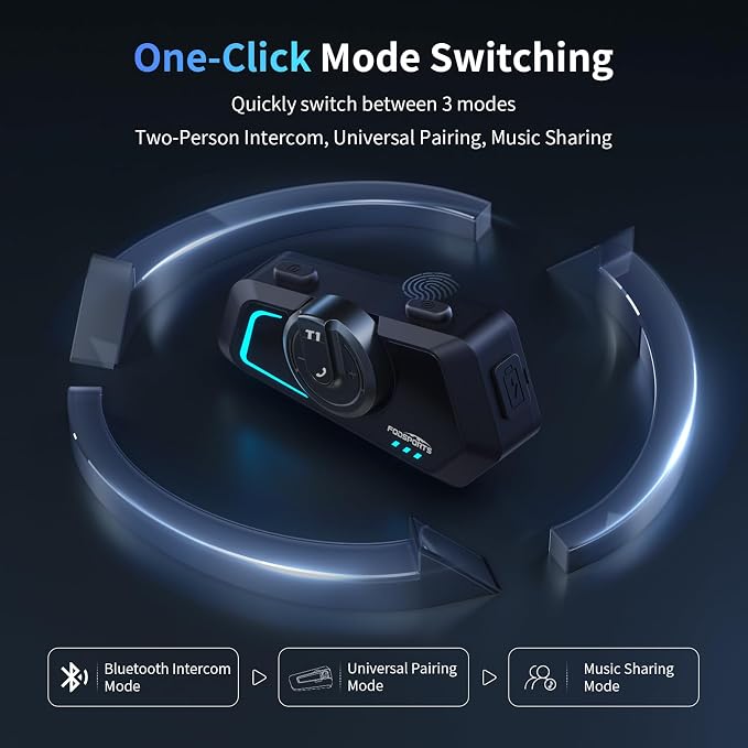 Fodsports T1 Motorcycle Bluetooth Intercom V5.4 with Music Share, One-Click Switching for 3 Functional Modes, 2-Way Helmet Communication Systems, FM/5 Stickers/Noise Cancellation/Stereo Music, 1 Pack