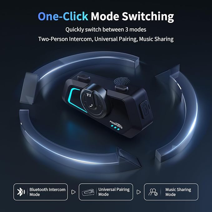 Fodsports T1 Motorcycle Bluetooth Intercom V5.4 with Music Share, One-Click Switching for 3 Functional Modes, 2-Way Helmet Communication Systems, FM/5 Stickers/Noise Cancellation/Stereo Music, 1 Pack