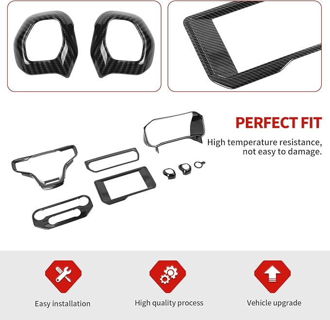 Jimen Fit for 2021-2024 Ford Bronco with 8″ Screen, 8PCS Carbon Fiber Interior Kits - Dashboard Cover, Air Conditioning Control Panel, Gear Shift Knob Cover, Engine Start Stop Button Trim