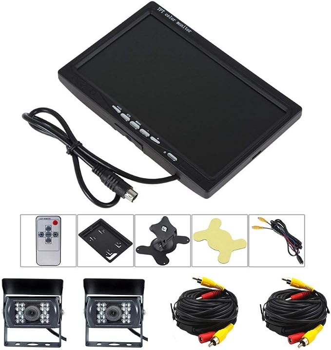 Camecho DC 12V 24V Vehicle Backup Camera System 2 x Rear View Camera Support Night Vision Waterpoof & 7" Monitor with Dual 34ft AV Cables Hardwire for Bus Truck Van Trailer RV Campers