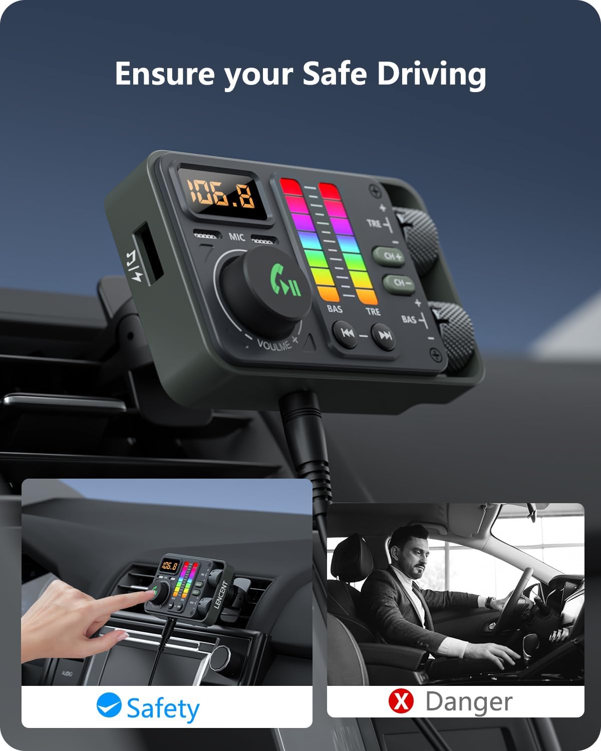 LENCENT Bluetooth Car Adapter, Bluetooth 5.3 FM Radio Transmitter with Hi-Fi Treble & Bass Music Player, PD20W and QC18W Fast Charger, Dual Mics for Hands-Free Call, Siri & Google, U Disk/3.5mm AUX