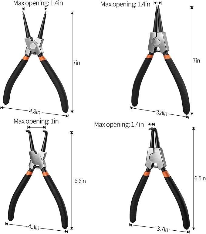 Small Tip Snap Ring Pliers Set, 4pcs 7" Internal/External Circlip Pliers Kit with Straight/Bent Jaw