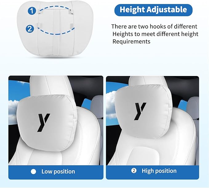 Nappa Leather Car Neck Pillow for Tesla Model Y Model 3 Juniper/Highland Headrest Pillow Memory Foam Ergonomic Design Breathable Height Adjustable Accessories (White-1 pc-Y)