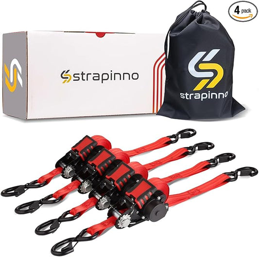 Strapinno Retractable Ratchet Straps - 1 in x 12 ft Heavy Duty Tie Downs, 1800lbs Breaking Strength Each, S Hooks with Safety Clip, AutoRetract, for Moving, Motorcycle, Boat, Kayak, and Cargo (4 PCS)