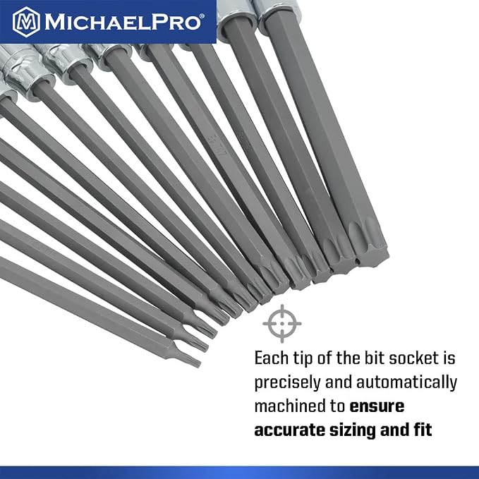 MichaelPro 12-Piece 3/8'' Drive Long Torx Bit Socket Set, T10 to T60, 6-Inch Length for Easy Reach in Deep Areas, High Torque Resistant CR-V and S2 Steel, Sturdy Storage Case Included - MP012019