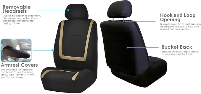 FH Group Automotive Seat Covers Unique Flat Cloth Beige Full Set, Combo Steering Wheel Cover and Seat Belt Pads Rear Solid Bench Universal Fit for Vans Cars Trucks and SUV Interior Accessories