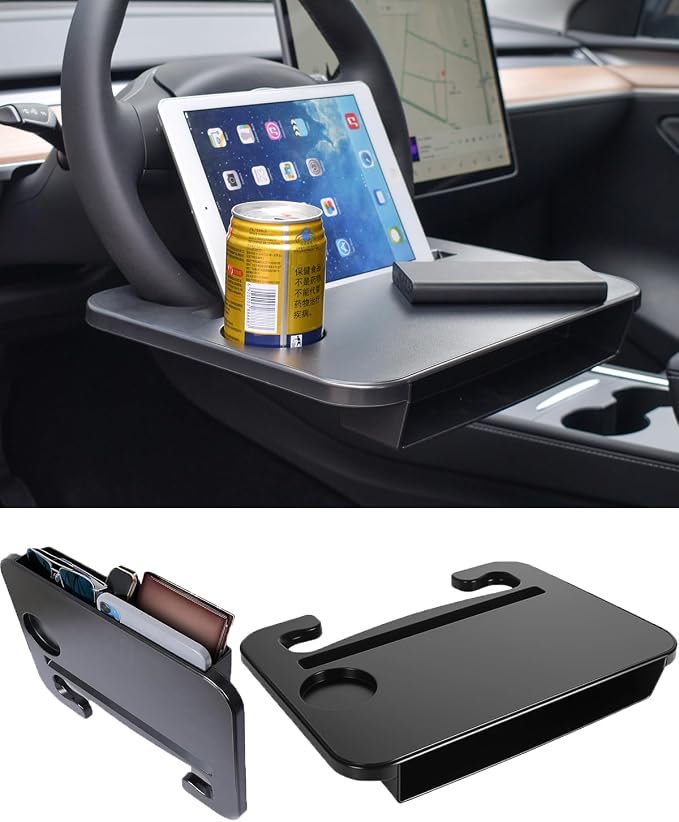 Double-use Steering Wheel Tray & Car Seat Gap Filler Organizer & Centre Console Storage Box,Car Desk/TableTray for Laptop, Eating & Work (【Integrated】 2-in-1)