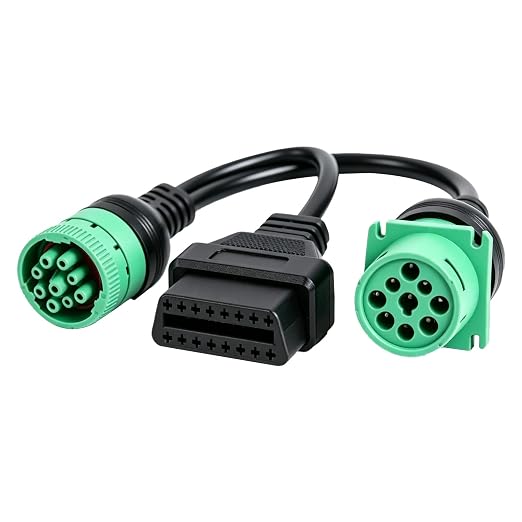 2 Pack Green Type 2 9 Pin J1939 Male to J1939 Female/16 Pin OBD2 Splitter Y Cable for Heavy Duty Truck