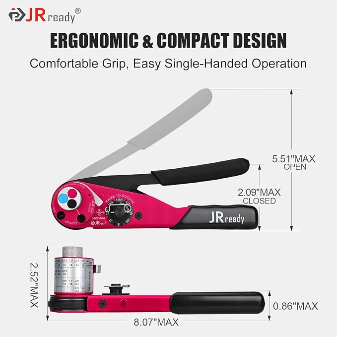 JRready ACT-DT1 Deutsch Crimp Tool Turret-Style (HDT-48-00 Equivalent) for DT/DTM/DTP Connectors Size 12/16/20 Solid Contacts (12-22AWG), 4-Indent 8-Impression Ratcheting Crimper