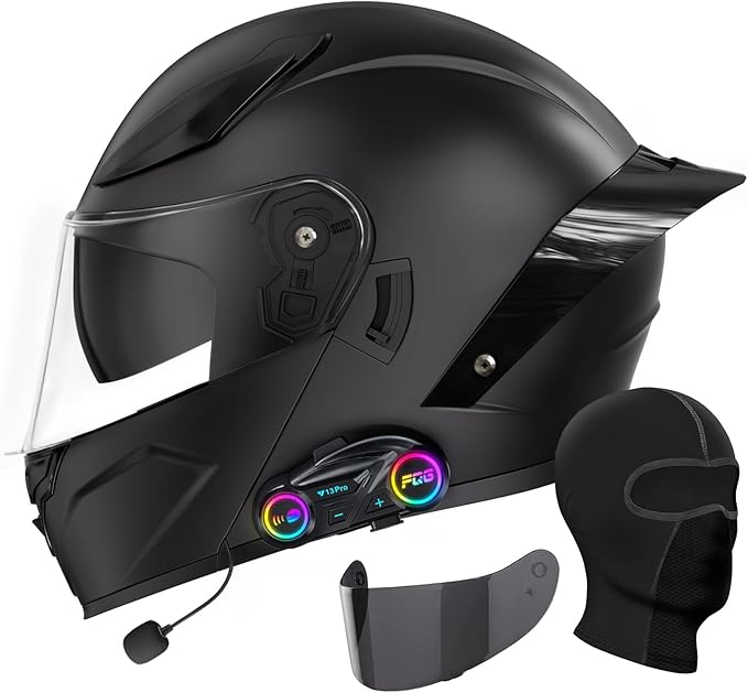 Bluetooth Motorcycle Helmet, Full Face Flip Up Modular Motorcycle Helmet with Bluetooth intercom headsets, DOT Approved Dual Visor Helmets