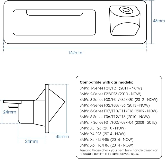 Tailgate Handle Backup Camera for BMW F Series | F10 F11 F25 F26 F30 F48 1-5 Series X1 X3 X4 X5 X6, CIC & NBT Systems, OEM Style Rear View Reversing Camera