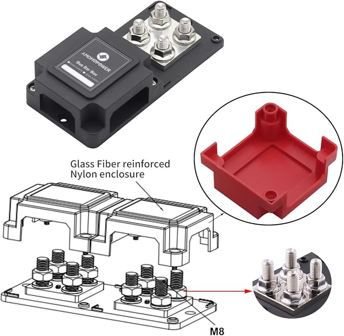 Bus Bars 12V-48V 400A Heavy Duty Copper Busbar Power Distribution Blocks with 8X 5/16" (M8) Posts Terminals DC Battery Buss Bar Positive& Negative for Car RV Solar PV Marine Automotive Boat