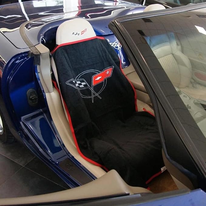 SR1 USA C5 Corvette Seat Cover Seat Towels - 100% Cotton - Interior UV Protection with Crossed Flags Logo for 1997-2004 C5 & Z06 Corvettes Accessories (Black, Individual)